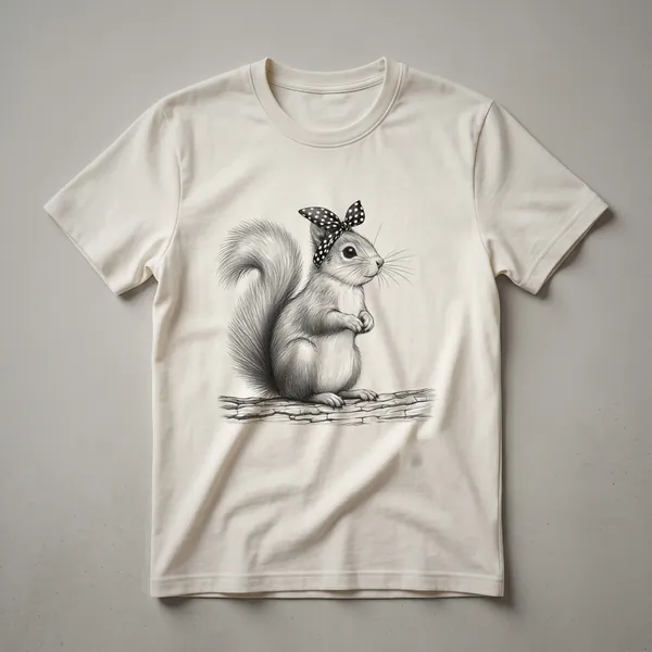 White graphic t-shirt featuring a distressed illustration of a squirrel holding an acorn with the text 'Squirrel Mom' above it.
