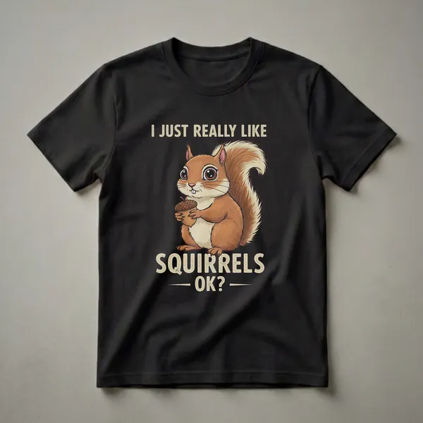 Black t-shirt featuring a cartoon squirrel holding an acorn with the text "I JUST REALLY LIKE SQUIRRELS OK?" in distressed font.