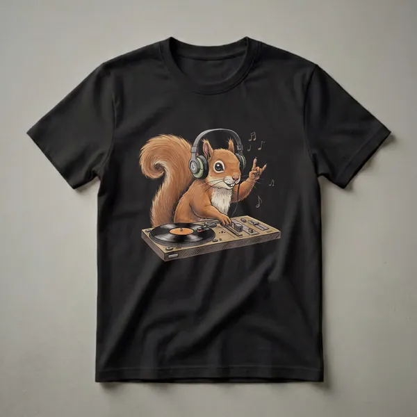 Black t-shirt featuring a detailed illustration of a red squirrel wearing green DJ headphones, mixing on a turntable, and making a rock-on hand gesture, with musical notes floating around.
