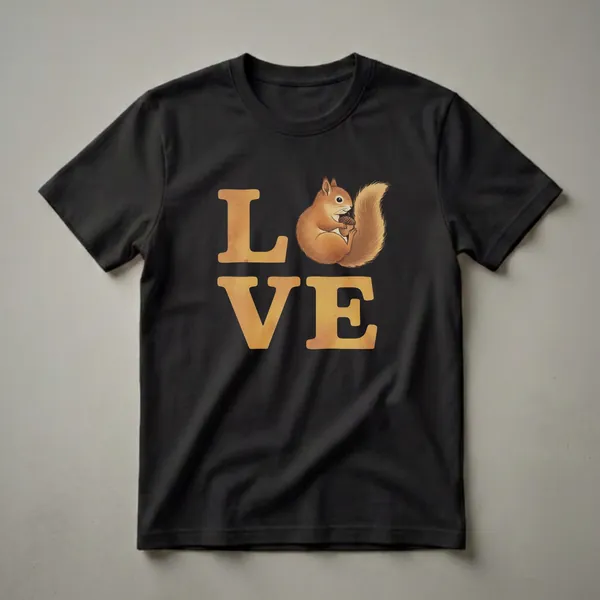 Black t-shirt featuring the word 'LOVE' in textured golden letters, with a red squirrel holding an acorn integrated into the letter 'O'.