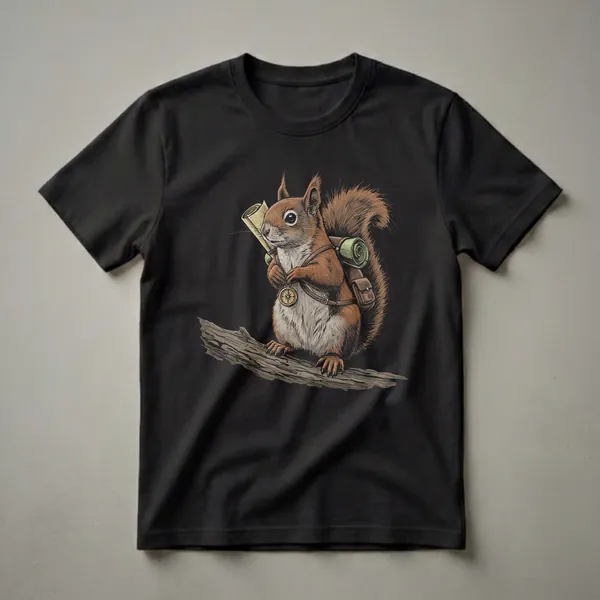 Brown squirrel wearing a backpack, holding a map and a compass, sitting on a tree branch. The design is on a black background.