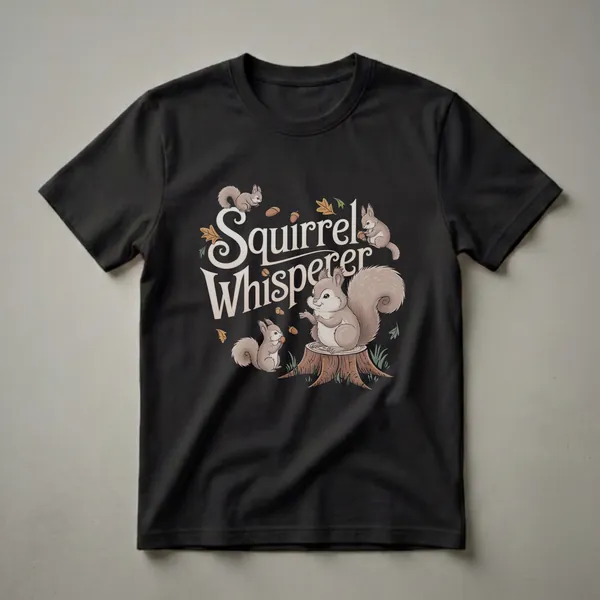 Black t-shirt featuring a whimsical illustration with the text 'Squirrel Whisperer', surrounded by cute squirrels and acorns, with oak leaves.