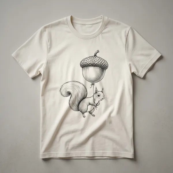 White graphic t-shirt featuring a cartoon squirrel with a large acorn in its paws, set against a plain background.