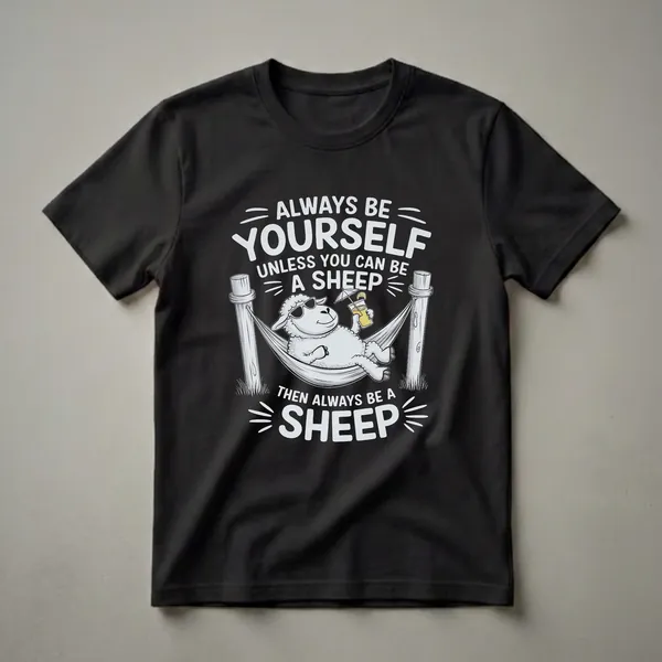 Black t-shirt with white graphic text 'ALWAYS BE YOURSELF UNLESS YOU CAN BE A SHEEP THEN ALWAYS BE A SHEEP' and an illustration of a sheep wearing sunglasses relaxing in a hammock with a drink.