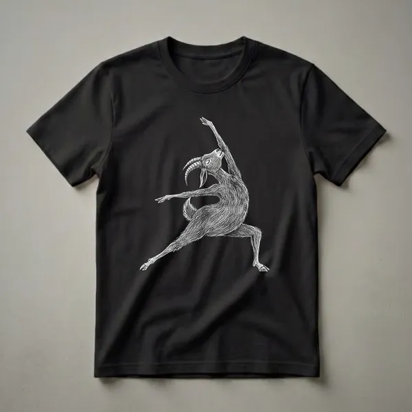 Black and white graphic t-shirt featuring a goat in a yoga pose, with detailed fur and horns, set against a black background.