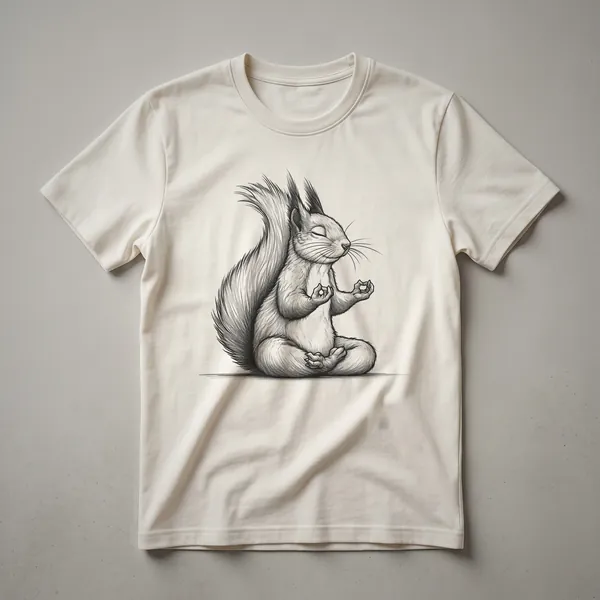 White graphic t-shirt featuring a squirrel in a meditative lotus pose with a spiritual zen design.