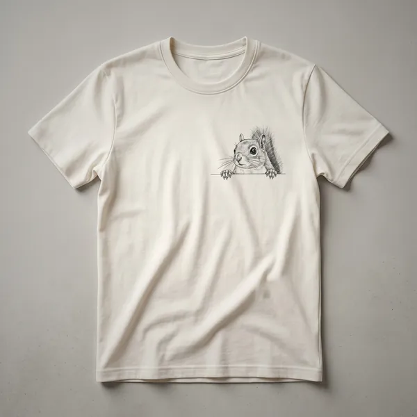 White graphic t-shirt featuring a cute cartoon squirrel peeking from the right side of the design with a simple artistic rendering.