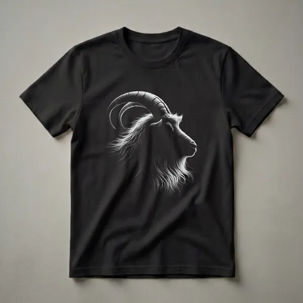 Black t-shirt with a fine white linework side-profile portrait of a goat featuring long curved horns, a flowing shaggy mane, and a full beard.