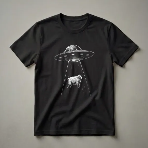 Black graphic t-shirt featuring a white, scratchboard-style illustration of a sheep being abducted by a UFO with a beam of light.