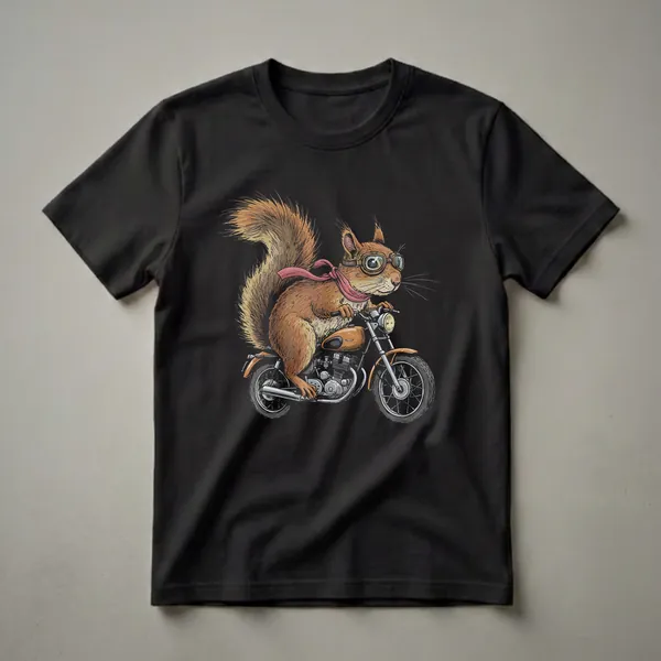 A graphic t-shirt featuring a brown squirrel wearing aviator goggles and a red scarf, riding a vintage motorcycle with a detailed engine and wheels.