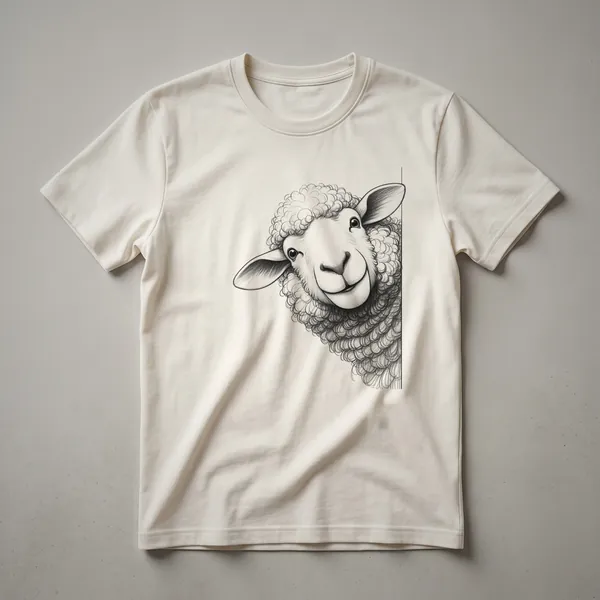 White graphic t-shirt with a cartoon sheep peeking over the bottom edge, featuring a playful expression and simple line art.