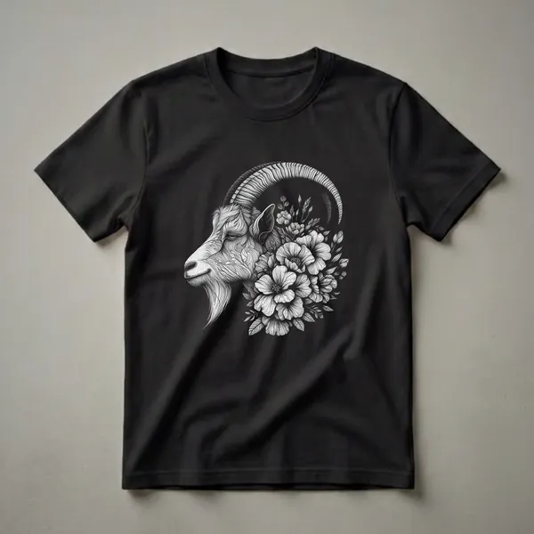Black and white line art graphic t-shirt featuring a goat's head with intricate floral details, set against a black background.