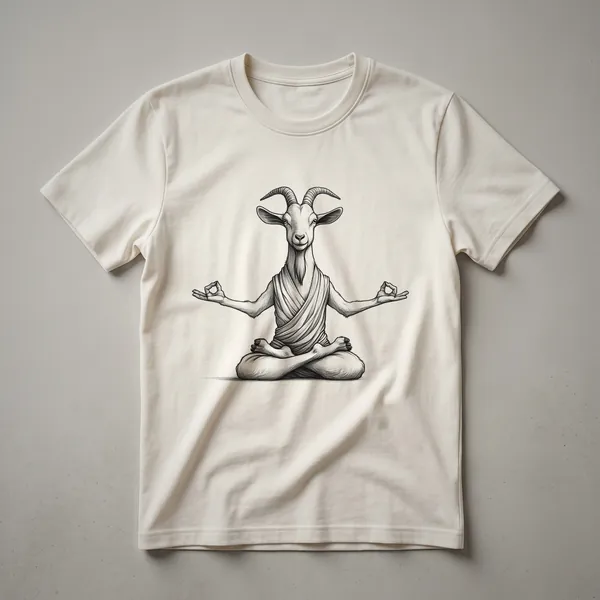White graphic t-shirt featuring a black illustration of a goat in a meditative pose, surrounded by a lotus flower and Buddhist Zen symbols.