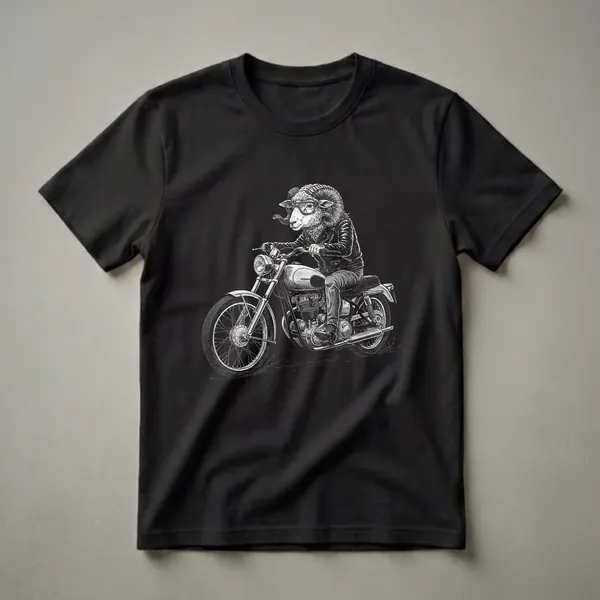 Black and white graphic t-shirt featuring a ram wearing glasses and a leather jacket, riding a motorcycle.