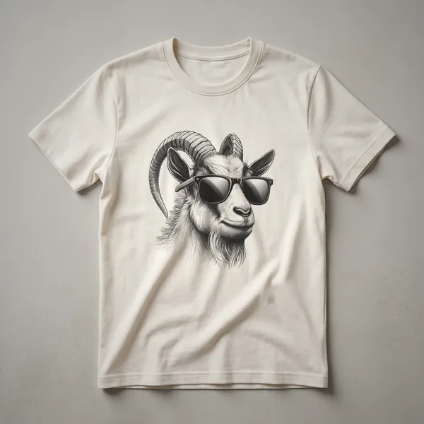 White graphic t-shirt with a black and white illustration of a goat wearing dark sunglasses.