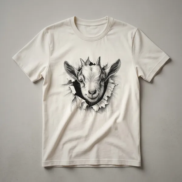 A black and white sketch of a goat's head peeking from the side, printed on a white t-shirt.