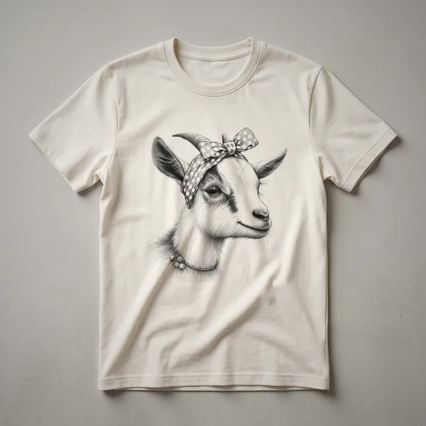 White graphic t-shirt with a black illustration of a goat's head surrounded by flowers and the text 'Goat Mom'.