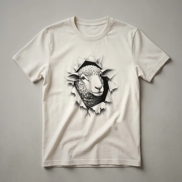 White sheep peeking over a green grassy hill with a blue sky in the background, printed on a white t-shirt.