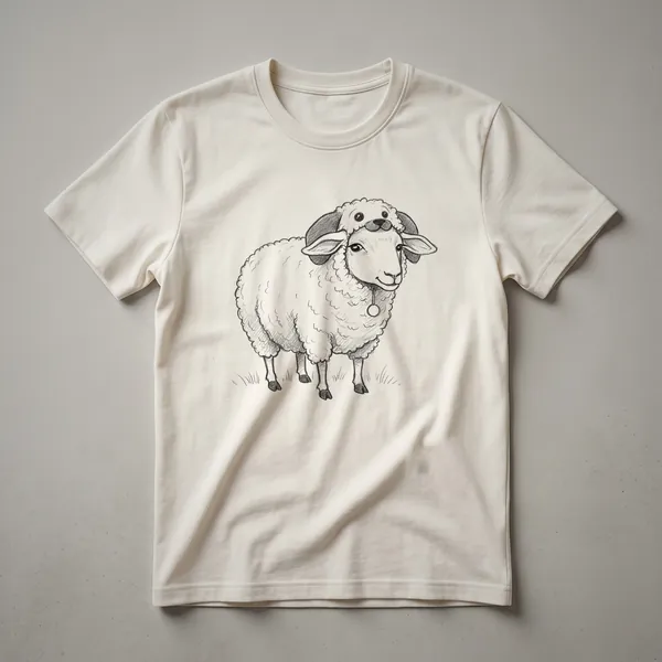 White graphic t-shirt with a cartoon illustration of a dog wearing a sheep costume, featuring a fluffy white sheep headpiece over the dog's head.