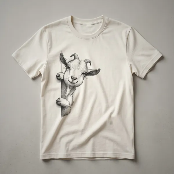 Black and white sketch of a goat peeking over the edge of a graphic t-shirt, showcasing its curious expression.