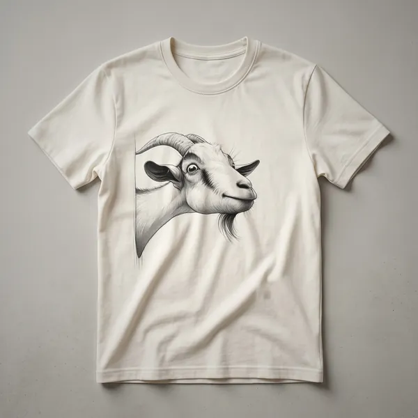 White graphic t-shirt featuring a playful cartoon goat peeking over a box that clearly displays the word 'GOAT'.