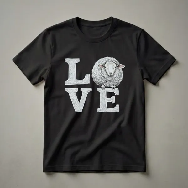 Black t-shirt with the word 'LOVE' in sketched letters, where the 'O' is replaced by the head of a fluffy sheep.