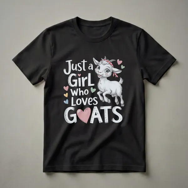 Black t-shirt featuring a white cartoon goat with a red polka dot bandana, surrounded by the text 'Just A Girl Who Loves Goats' and pastel-colored hearts.