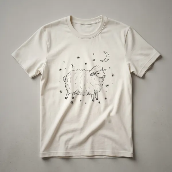 White graphic t-shirt featuring a black silhouette of a sheep within a white crescent moon, designed for kids.