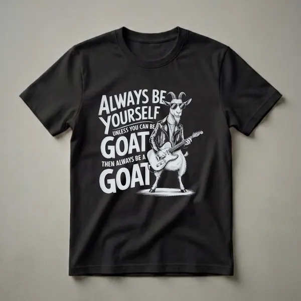 Black t-shirt with a white graphic of a goat wearing sunglasses and a leather jacket, playing a white electric guitar, with the text 'Always Be Yourself Unless You Can Be A Goat Then Always Be A Goat'.
