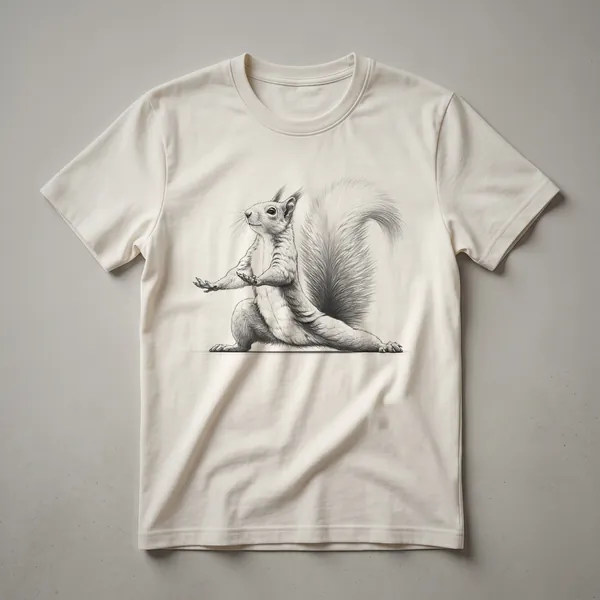 A graphic t-shirt featuring a brown squirrel in a yoga pose, with the text 'Funny Squirrel Doing Yoga Pose Design' above it, on a white background.
