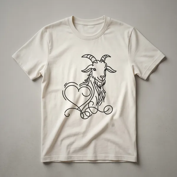 Black minimalist line art drawing of a goat's head with horns, centered on a white t-shirt.