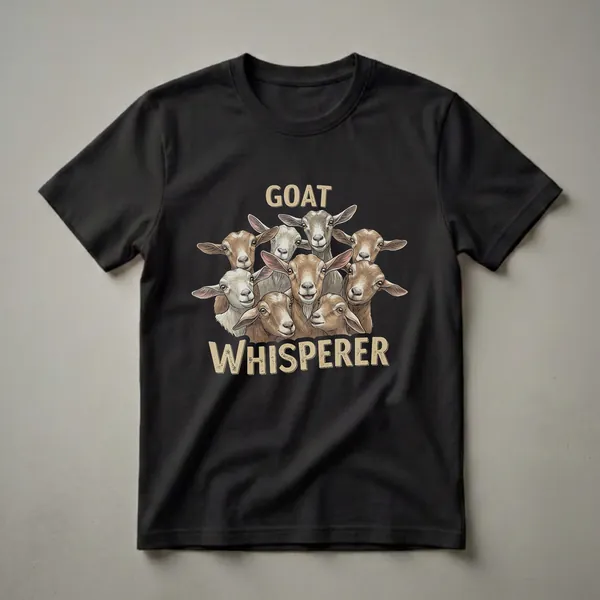 Black t-shirt featuring a detailed illustration of several goats with the words 'GOAT WHISPERER' in distressed gold lettering.