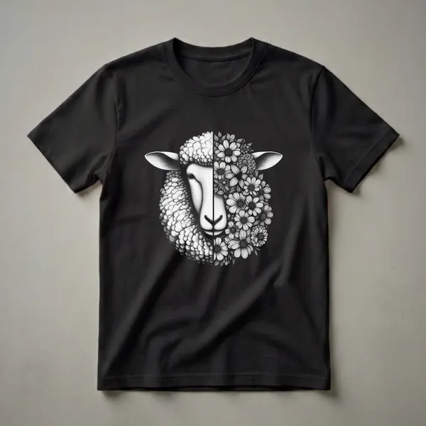 Black graphic t-shirt featuring a stippled illustration of a sheep's head split down the middle, with one side showing wool texture and the other side composed of various flowers and leaves.