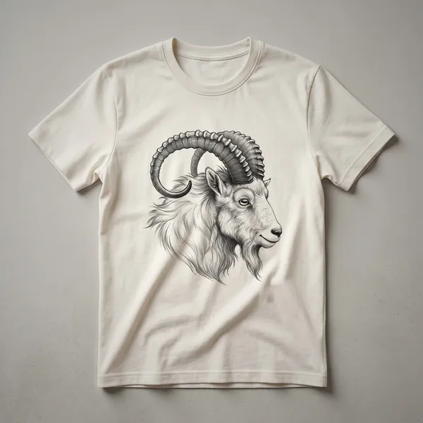 A white t-shirt featuring a black sketch drawing of a goat's head with detailed lines and shading.