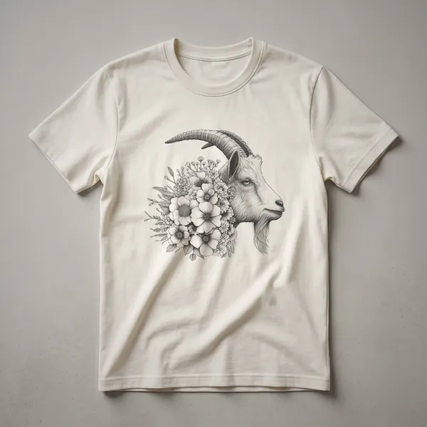 White graphic t-shirt featuring a stylized goat face with flowers and leaves integrated into its design, set against a plain background.