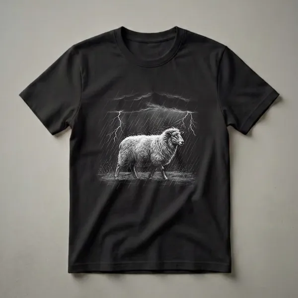 Black t-shirt with a white scratchboard art design of a sheep walking through a stormy scene with lightning and heavy rain.
