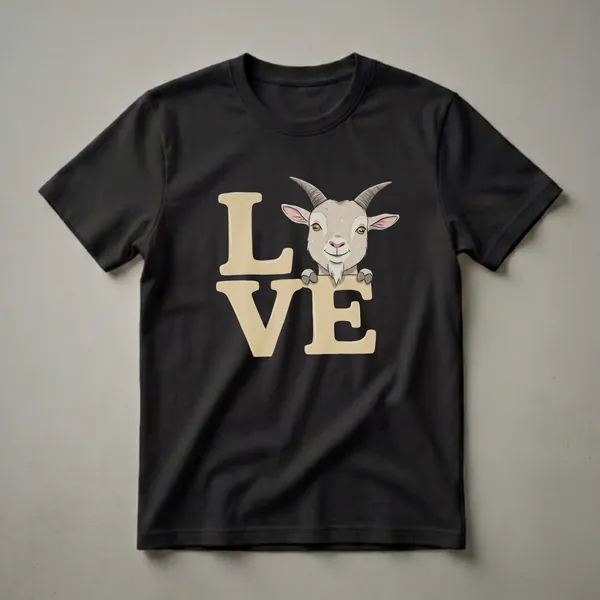 Black t-shirt featuring a cartoon goat peeking over large, tan block letters spelling 'LOVE'.