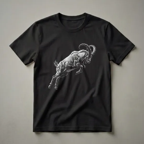 Black t-shirt with a white, detailed scratchboard illustration of an ibex goat leaping dynamically against a black background.