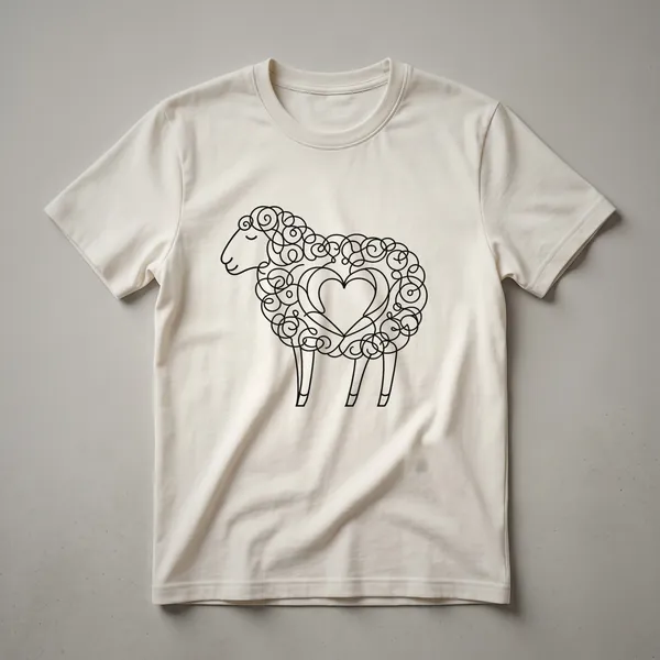 Black minimalist line art of a sheep's head forming a heart shape on a white t-shirt.