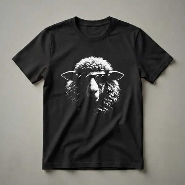 Black and white graphic t-shirt featuring a close-up of a sheep wearing dark sunglasses, with a stippled texture.