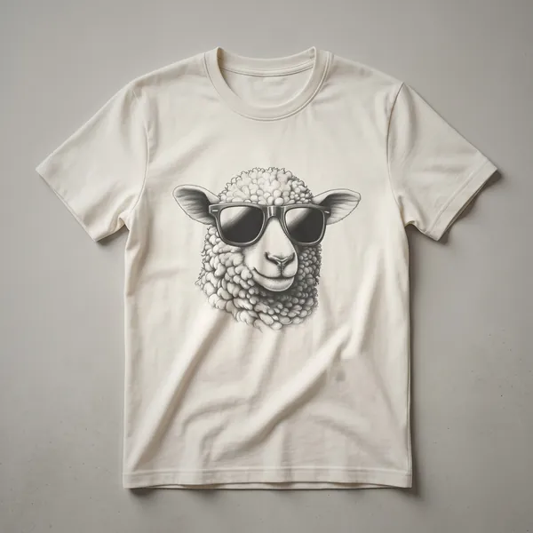 White sheep wearing black sunglasses, depicted in a graphic art style on a white t-shirt.
