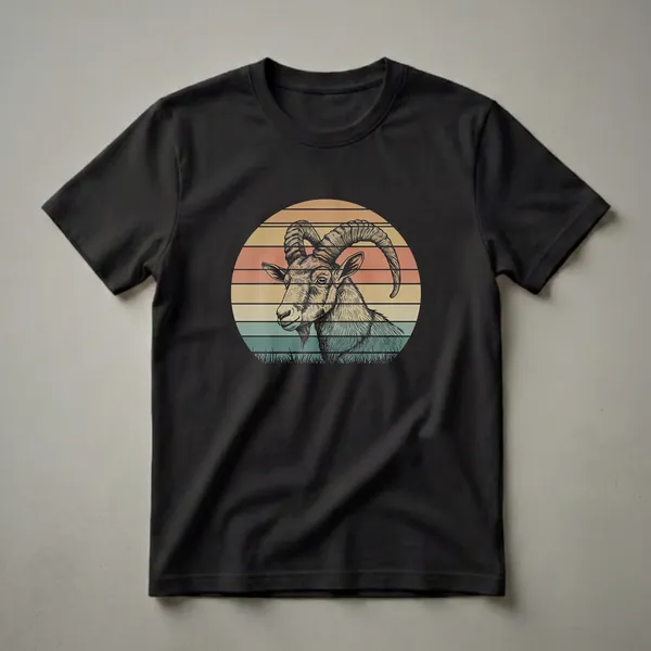 Black t-shirt featuring a retro design of an ibex goat's head and shoulders against a circular sunset with horizontal stripes in orange, yellow, and teal, with grass at the bottom.