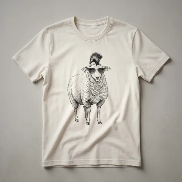 White graphic t-shirt featuring a black illustration of a cool sheep wearing dark sunglasses, with a relaxed expression.