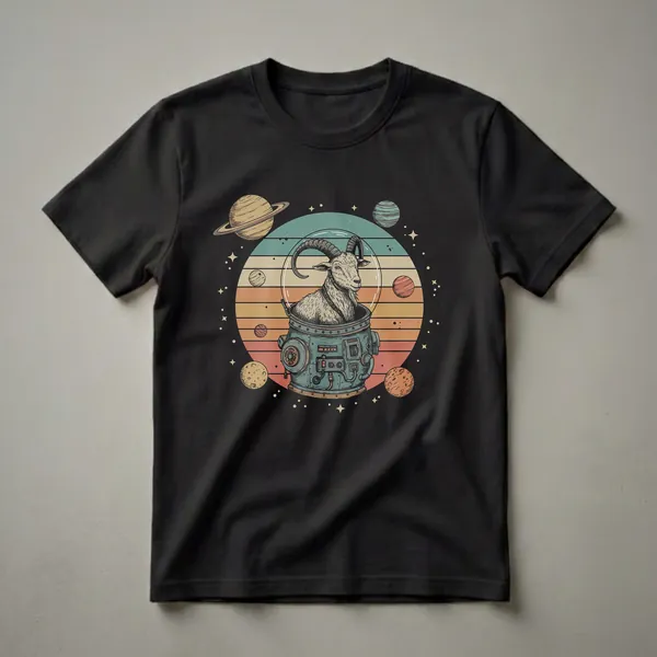 A retro graphic t-shirt featuring a goat wearing an astronaut helmet and suit, set against a striped sunset background with planets and stars.