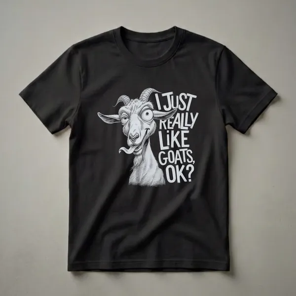 Black graphic t-shirt featuring a detailed sketch of a cartoon goat with wide, crazy eyes and its tongue sticking out, accompanied by distressed white text that reads 'I JUST REALLY LIKE GOATS, OK?'.