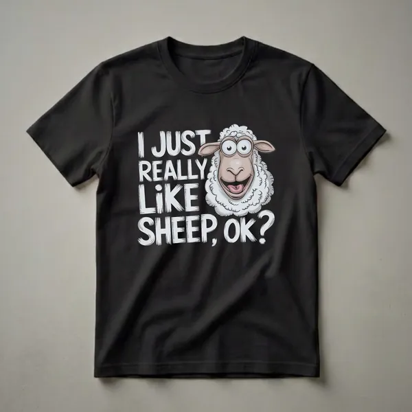 Black t-shirt with a cartoon sheep and white text that reads 'I JUST REALLY LIKE SHEEP, OK?'.