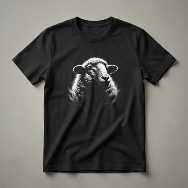 Black and white stippled graphic t-shirt featuring the head of a sheep with detailed wool texture and soft lighting against a dark background.