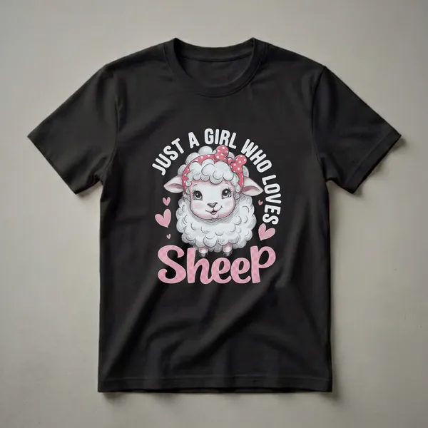 Black t-shirt featuring a cute cartoon sheep wearing a red polka dot bandana, with pink hearts and the text "Just A Girl Who Loves Sheep" in white and pink.