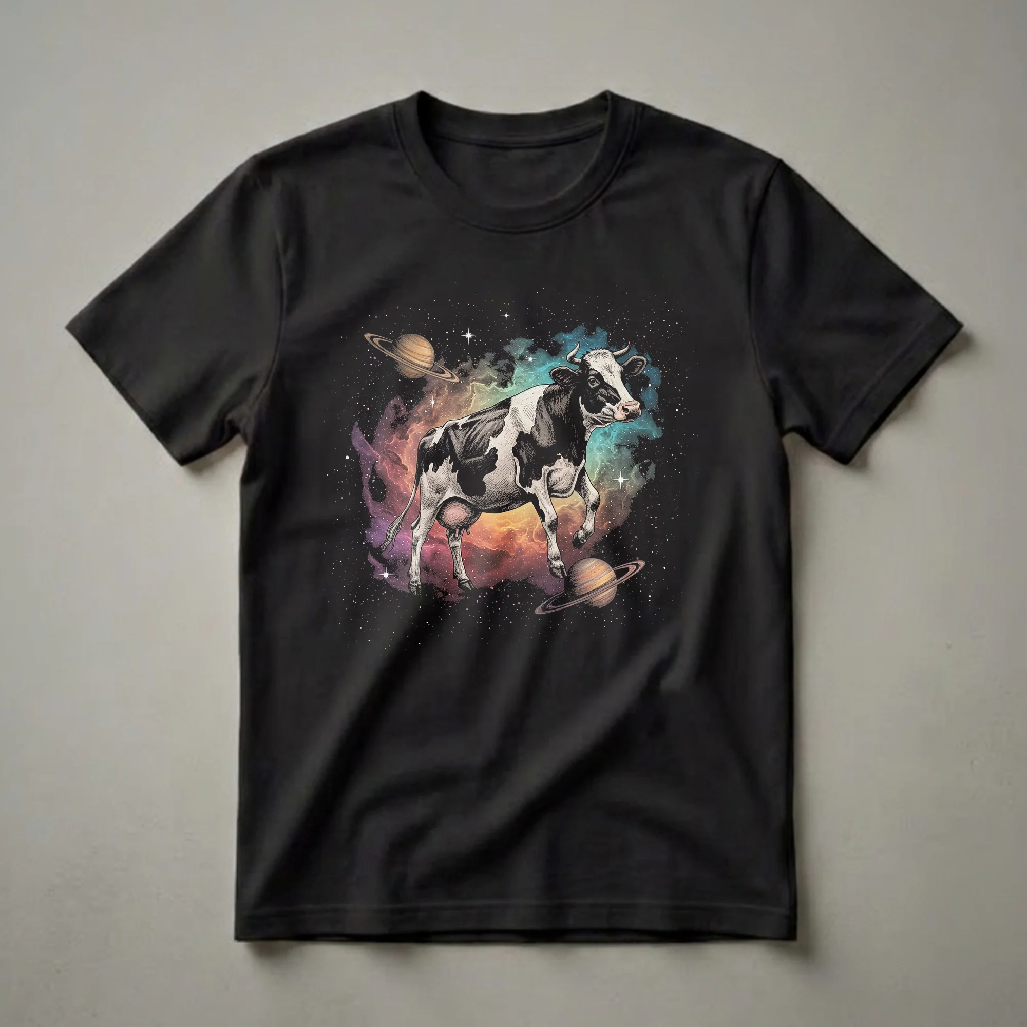 Black and white graphic t-shirt featuring a Holstein cow floating in a colorful space nebula with ringed planets and stars.