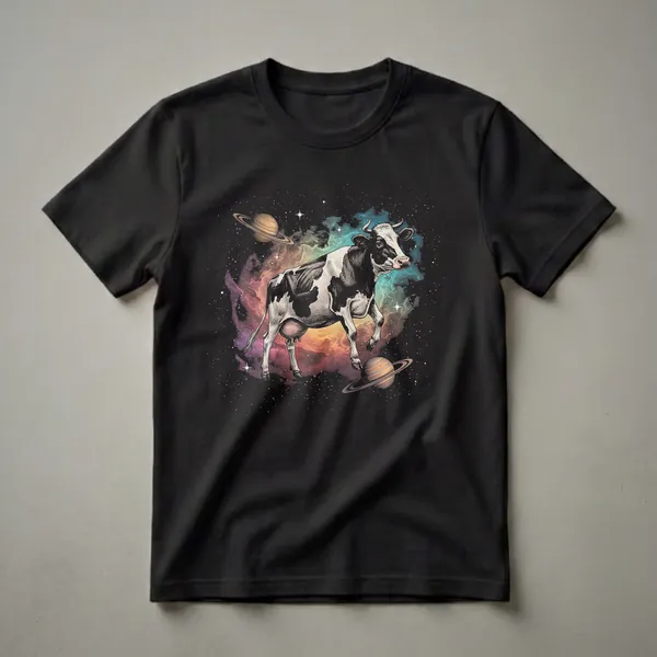 Black and white graphic t-shirt featuring a Holstein cow floating in a colorful space nebula with ringed planets and stars.